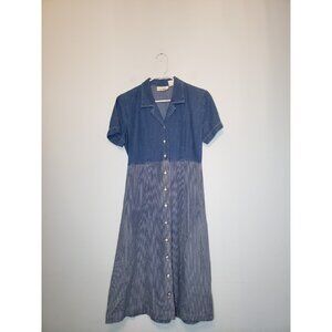 Vtg Halmode Petites Women 8 Denim Dress Blue Stripe Button Front 100% Cotton
